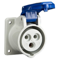 Pin and Sleeve Receptacle Outlet Devices 888-410306 IEC 60309 Panel Mount Receptacle Straight Type, IP44 Rated, 20A 250V, 16A 220-250V, 6H, IEC 309 International Pin and Sleeve Devices
